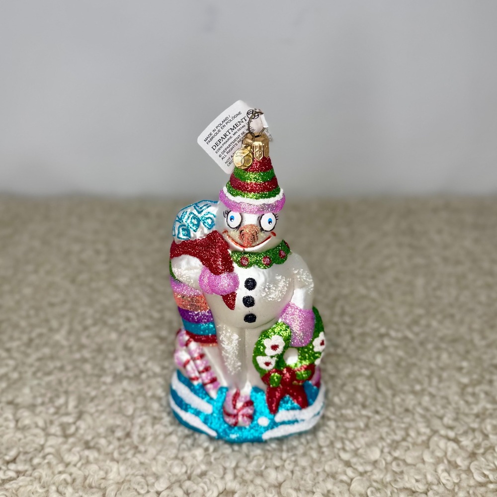 NWT Dept 56 Snowman 6" Glass‎ Ornament Bright Colors & Glitter Kitsch Christmas